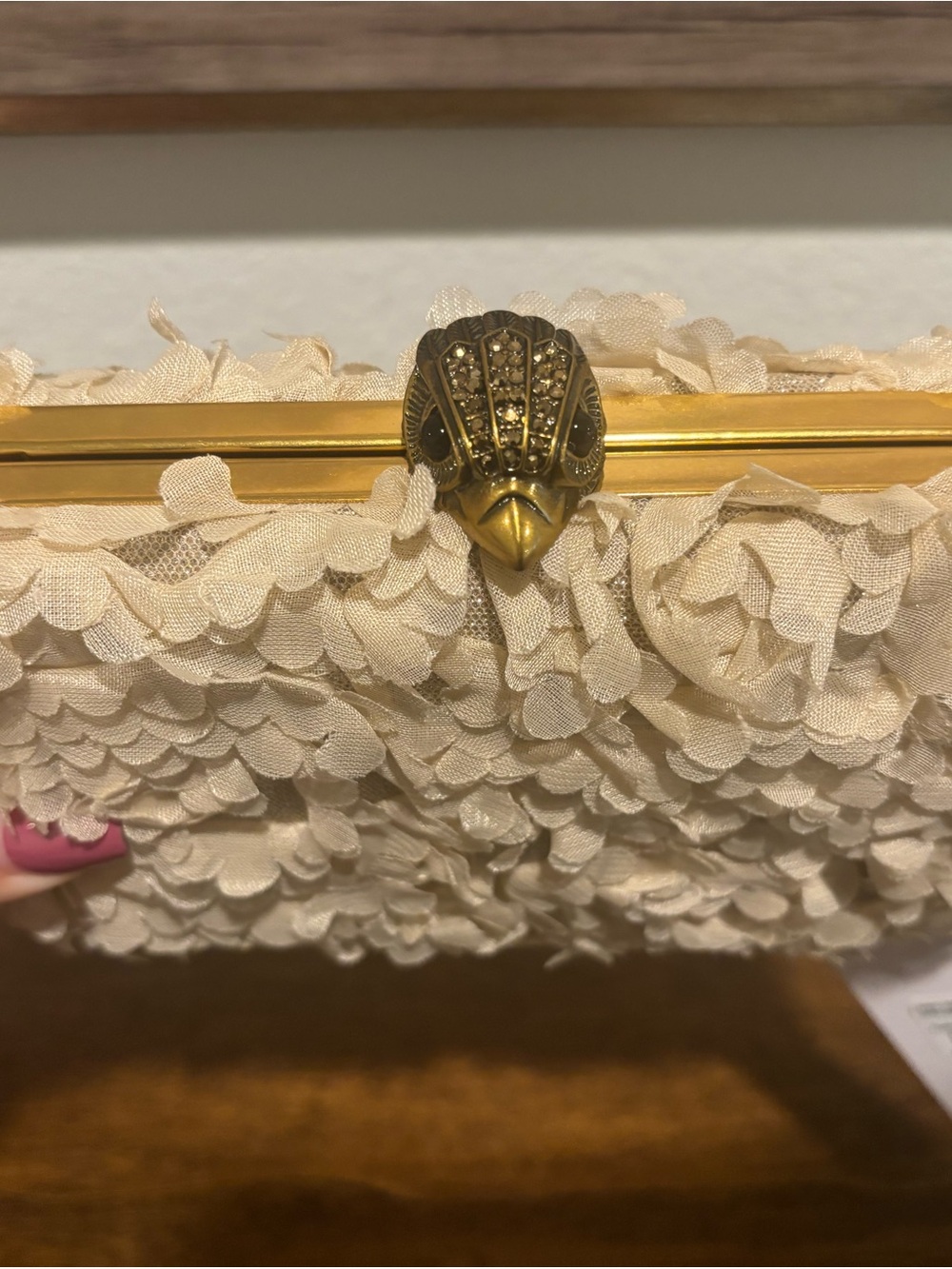 Kurt Geiger cream floral ruffle frame clutch - Picture 5 of 13